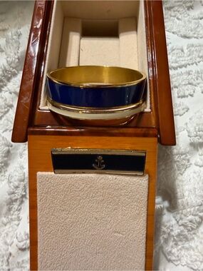 Kate Spade New York 3pc Nautical Set Navy Blue Cream Idiom Bangle Bracelets +